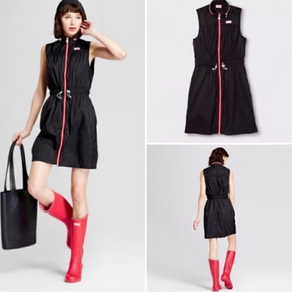 Hunter Black Nylon Windbreaker Sleeveless Dress with Red Zipper & Packable Hood - Picture 2 of 9